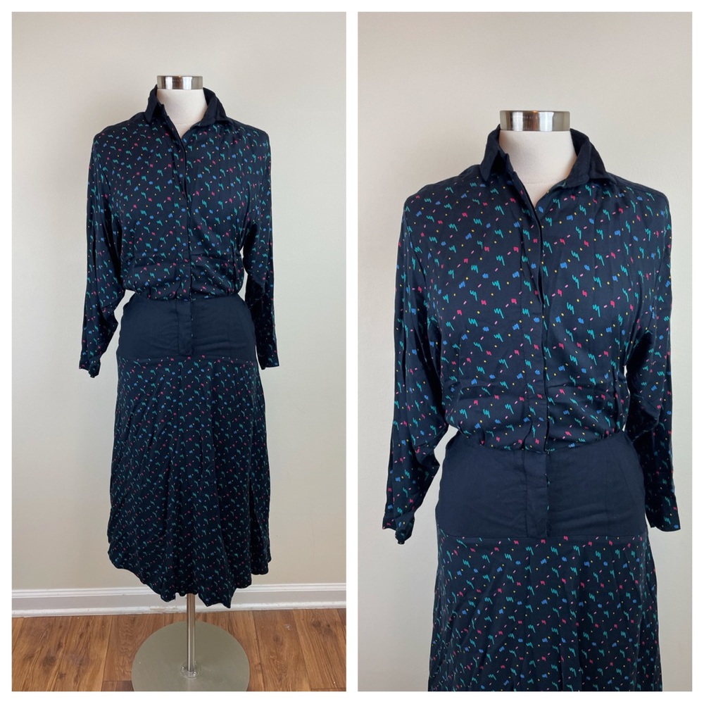 Vintage Datiani Retro Black Colorful Geometric Long Sleeve Button Dress Women 4